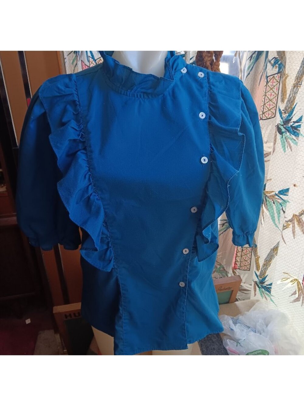 True Vintage Large Top Blue Ruffled Blouse Puff Sleeves Fritzi 3/4 Sleeve 1980s